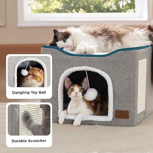 Bedsure Cat Beds for Indoor Cats - Large Cat Cave for Pet Cat House with Fluffy Ball Hanging and Scratch Pad, Foldable Cat Hideaway, 16.5x16.5x13 inches, Dark Grey thumbnail 4