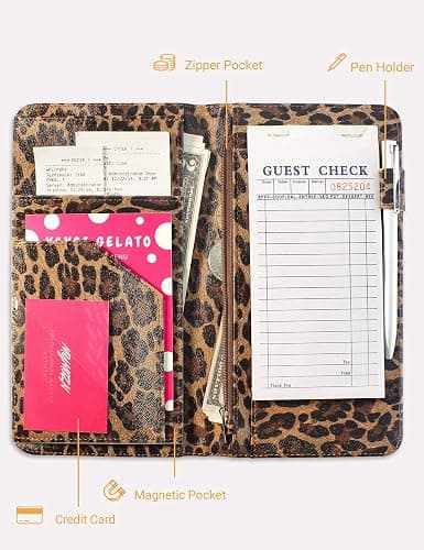 Server Book for Waitress Book with Zipper Pocket, 5x9 Leopard Magnetic Closure Server Wallet with Money Pocket and Zipper Pouch, Restaurant Waitstaff Organizer Fit Server Apron thumbnail 4