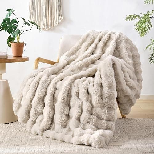 Smoofy Faux Fur Throw Blanket for Couch Rabbit Fleece - Linen Fluffy Blanket for Sofa Bedroom Living Room, Cozy Soft Plush Luxury Thick Winter Fuzzy Comfy Bubble Blanket - 50" x 60" - Image 1