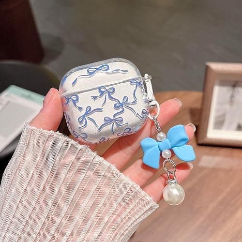 MINSCOSE for AirPods 4 Clear Case,Cute Ribbon Bow Pettern Design with Lovely Bow Pearl Keychain,Soft TPU Protective Shockproof Case for Girls Women for Airpods 4-Dark Blue thumbnail 3