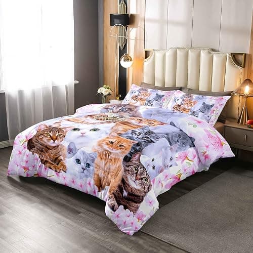 Feelyou Kids Cartoon Toddler Bedding Set Cute Animal Flowers Comforter Set Boys Girls Pink Comforter Cat Decor Quilt Set with 1 Pillowcase 2Pcs Twin Bedding thumbnail 4