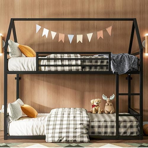 LIKIMIO Bunk Bed Twin Over Twin, House Bunk Bed Frame with Ladder and Guardrail, House Shaped with Metal Slats for Dormitory and Bedroom, Space Saving, No Box Spring Needed, Black thumbnail 6