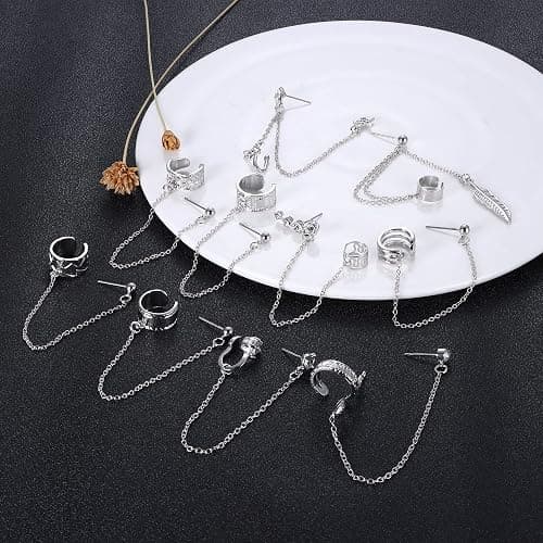 ADRAMATA 10 Stücke Ohr Manschette Ohrringe Kette für Damen Schlange Feder Ohr Manschette Kreuz Mond Stern Ohr Bergsteiger Helix Knorpel Crawler Ohrringe Quaste Gold Silver Ear Cuff Earrings für Damen thumbnail 3