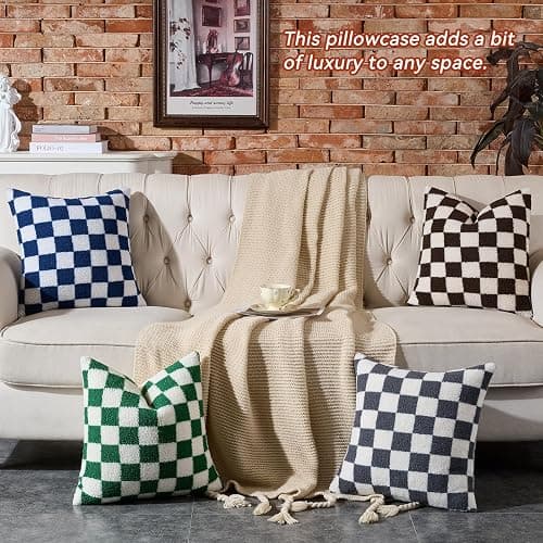 AmHoo Pack of 2 Decorative Throw Pillow Covers Checkerboard Luxury Super Soft Faux Fur Wool Set Case Cushion for Couch Sofa Bedroom 18 x 18-Inch Navy Blue thumbnail 6