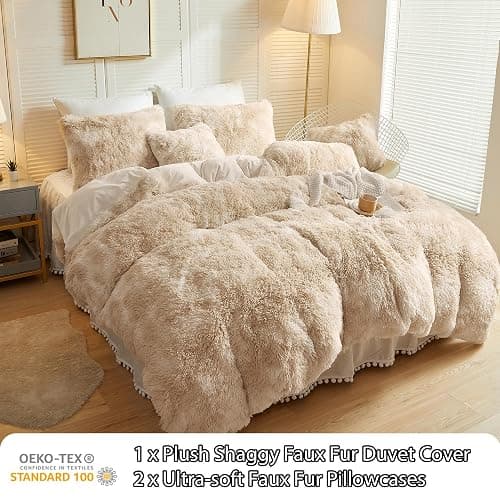 LIFEREVO Luxury Fluffy Faux Fur Duvet Cover Set, Tie Dye Plush Fuzzy Duvet Cover Set(1 Print Shaggy Comforter Cover+2 Furry Pillow Shams) Bedding Set, Zipper Closure(Queen, Light Beige) thumbnail 2