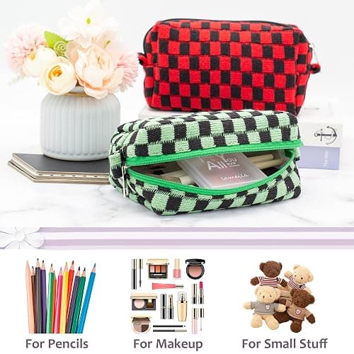 PAZIMIIK Checkered Makeup Bag for Purse Portable Zipper Make Up Pouch Small Cosmetic Case for Travel Accessories (Green Black) thumbnail 4