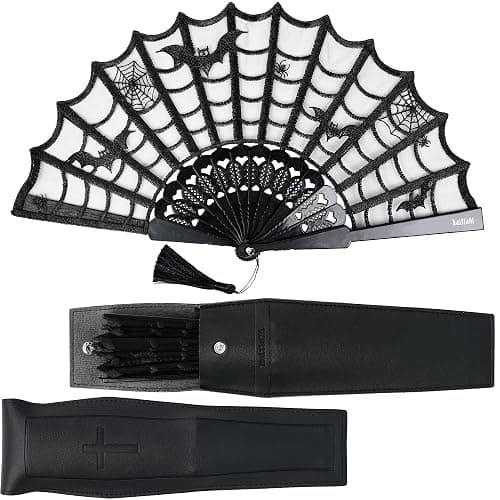 Kaitiaki Goth Folding Fan - Black Lace Handheld Fan with Spooky Spider Web Design, Gothic Accessories, Coffin Carrying Sleeve, High Airflow Fabric, Perfect for Halloween Costume - Image 1