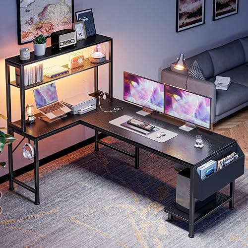 PRAISUN L Shaped Gaming Desk with LED Lights & Power Outlets | Reversible Computer Desk with Storage Shelves & Bag, Large Corner Home Office Desk with Pegboard for Work from Home, Black thumbnail 7