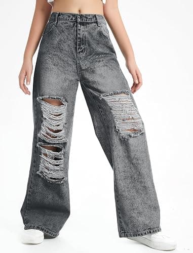 EXARUS Girls Jeans Baggy Pants Wide Leg/Flare/Skinny Teen Ripped Denim Tween Clothes Outfits Preppy Casual Kids 6-14Y thumbnail 4