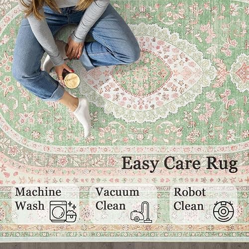 Castage 9x12 Area Rugs Washable,Green Rug for Living Room Bedroom Dining Room,Large Boho Vintage Bohemian Distressed Oriental Carpet Non Slip,Sage Blush Floral thumbnail 5