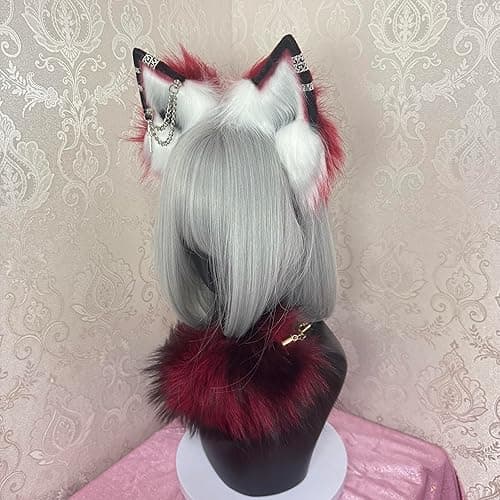 Cat Fox Wolf Ears and Tail Set - Plush Cosplay Clips Headband and Tail for Halloween, Costume Accessories,Gothic Punk 02ALL thumbnail 5