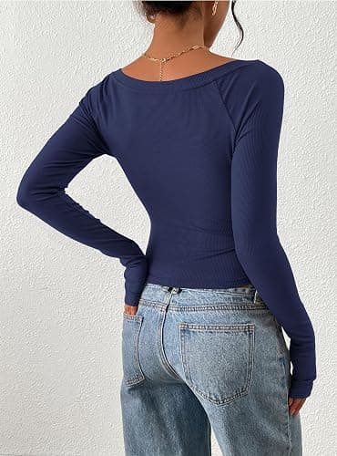 PRETTYGARDEN Long Sleeve Shirts for Women 2025 Fall Ruched Sides Boat Neck Basic Tee Casual Fitted Ribbed Knit Crop Tops thumbnail 5