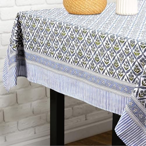 Newtay 60'' x 90'' Hand Block Print Mahjong Table Cloth Square Cotton Floral Tablecloth Washable Print Rectangle Table Cover with Dust Proof for Kitchen Dining Party(60'' X 90'',Light Steel,Blue) thumbnail 6