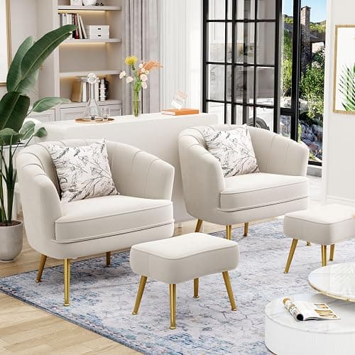 Andeworld Velvet Accent Chair with Ottoman, Upholstered Modern Single Sofa Side Chair,Comfy Barrel Club Living Room Armchair with Golden Metal Legs for Bedroom Living Reading Room Office, Beige thumbnail 6