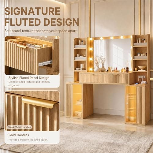 56'' Fluted Wooden Vanity with RGB Hollywood Lights & 36" HD Mirror -Oak | Big Vanity with Glass Top, Drawers, 16 Storage Area, Boho Makeup Vanity With Charging Station for Girls, Women , Bedroom -Oak thumbnail 7