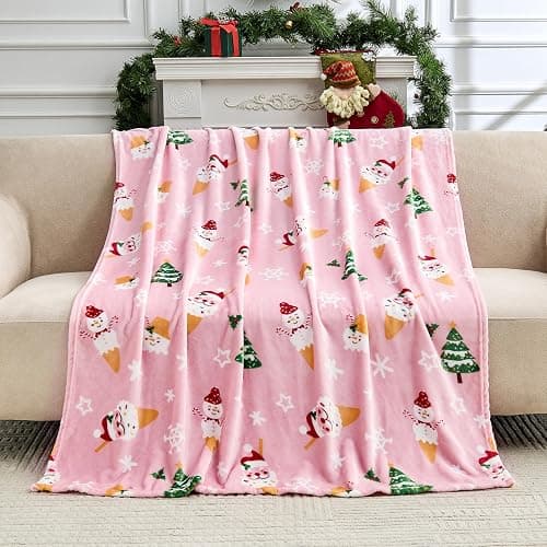 Edenleaf Christmas Blanket Soft Cozy Pink Throws with Snowman Snowflake Santa Claus and Xmas Trees Print, Fuzzy Warm Christmas Throw Blanket for Couch Bed Holiday Decorations Gifts 50"x60" (Pink) thumbnail 2