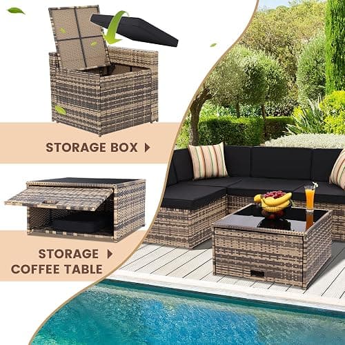 KROFEM 8-Piece Patio Furniture Set, Outdoor Wicker Rattan Sectional with Thick Cushions, Glass Top Table with Hidden Storage, Outdoor Conversation Set for Backyard, Porch, Patio, Black thumbnail 5