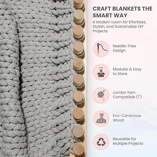Looma 46" Wooden Loom Frame for DIY Throw Blankets Chunky Knit Blanket Kit – Adjustable Size Hand Knitting Kit – No Needles Required – Beginner-Friendly Yarn Craft for Home Decor & Stress Relief thumbnail 4