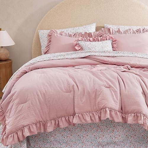BLOOMHAVEN Twin XL Comforter Set - 5 Pieces Ruffle Soft Pink Bedding Sets, Shabby Chic Farmhouse Bed in a Bag Twin XL with Ruffle Comforter, Floral Sheets, Pillowcases & Shams thumbnail 9