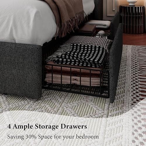 iPormis Queen Bed Frame with 4 Storage Drawers, Upholstered Platform Bed Frame with Type-C & USB Ports, Wingback Storage Headboard, Solid Wood Slats, No Box Spring Needed, Dark Gray thumbnail 4