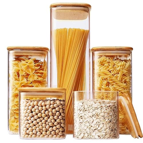 HomArtist Square Glass Jars with Bamboo Lids [Muti Size Set of 5], Glass Canisters with Airtight Lids, Glass Food Storage Containers for Pasta, Cereal, Flour, Sugar, Best for Kitchen & Pantry - Image 1