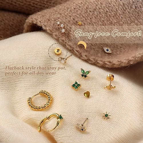 KRFY 25Pcs Hypoallergenic Surgical Steel Earrings for Sensitive Ears 14K Gold Plated Flat Back Cartilage Earrings for Women Men Screw Back Flatback Stud Hoop Earring Set for Multiple Piercing thumbnail 4
