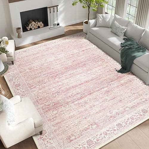Brakki 9x12 Area Rugs Washable, Pink Large Rugs for Living Room Bedroom Dining Room Office, Ultra Thin Soft Boho Rug Non Slip, Vintage Distressed Carpet Floral Rug for Home - 9' x 12' (Rectangular) - Pink