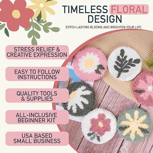 Emri Lane Punch Needle Kit – 6 Floral Design Punch Needle Embroidery Kit w/Monk Cloth, Embroidery Hoop, Yarn & More - Essential Punch Needle Supplies for Crafters - Ideal Punch Art for Beginners thumbnail 6