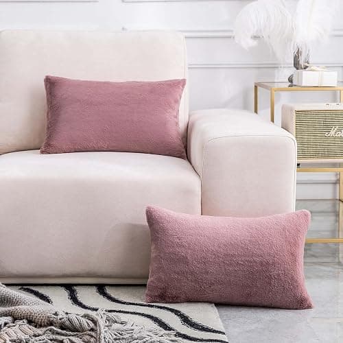 Home Brilliant Pillow Covers 12x20 Decorative Mauve Throw Pillow Cover Super Soft Faux Fur Oblong Pillow Cases for Women Girls Kids, Set of 2, 12 x 20 inch, 30 x 50 cm, Dusty Pink thumbnail 6