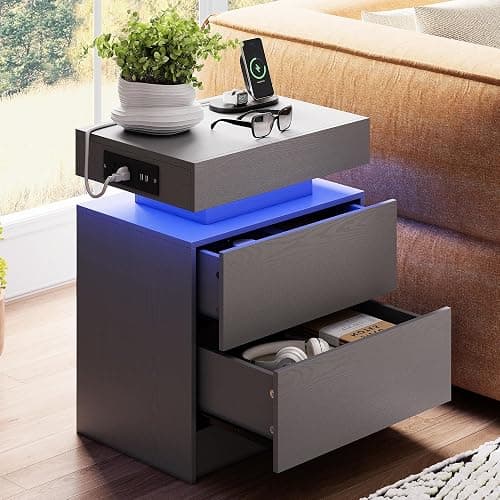 LIKIMIO Night Stand with Charging Station, Modern Grey Nightstand with LED Light and Drawers, Bedside Tables/End Table for Bedroom - Image 1