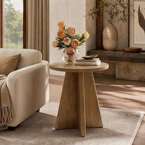 Tribesigns Round End Table Living Room, 19.7" Small Modern Couch Side Table | Sculptural Cross Base, Warm Natural Woodgrain Finish, 23.6" Accent Table for Small Spaces, Bedroom, Sofa, Natural Oak - Image 1
