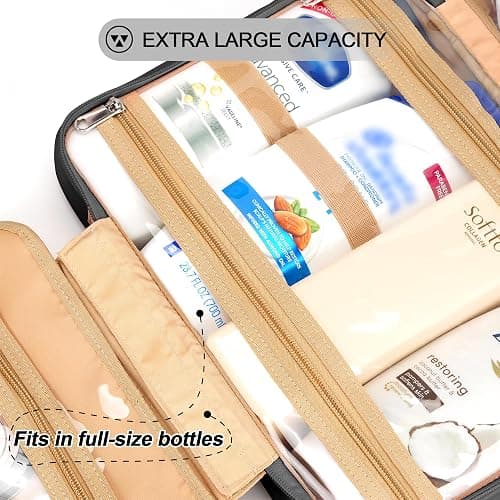 COOSKY Travel Hanging Toiletry Bag for Women, Holds Full-Size Shampoo, with Jewelry Organizer Compartment, Extra Large Makeup Bag, Waterproof Cosmetic Bag, Toiletries Kit Set with Trolley Belt, Black thumbnail 4
