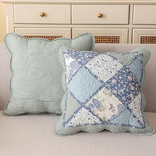 vctops Set of 2 Quilted 100% Cotton Boho Throw Pillow Covers 18" x 18" Farmhouse Country Floral Patchwork Decorative Cushion Cover, Patchwork Flower F thumbnail 2