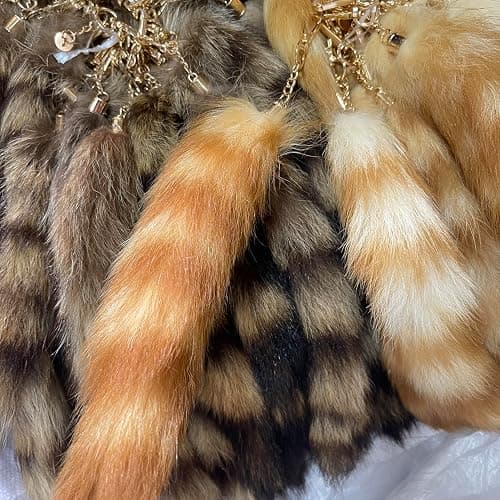 FEXATA 2pcs Raccoon Tail Keychain, Gold and Brown Fluffy Bag Charm, Cosplay Accessory thumbnail 6