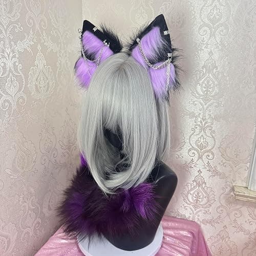 Cat Fox Wolf Ears and Tail Set - Plush Cosplay Clips Headband and Tail for Halloween, Costume Accessories,Gothic Punk 02ALL thumbnail 5