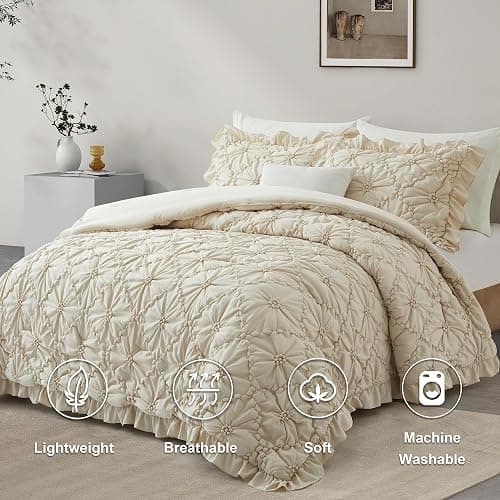 BEDAZZLED King Size Comforter Sets, Beige Bedding Comforter Set, 3 Pieces Pinch Pleat Bedding Sets with Comforter and Pillowcases Soft Farmhouse Shabby Chic Comforter for All Season thumbnail 2