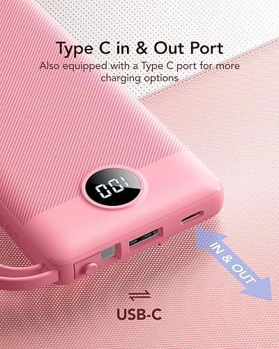 VRURC Portable Phone Charger, Built-in 4 Cables USB C Power Bank 10000mAh | Slim Power Bank for Travel,5 Output 2 Inpput Charging Bank,Multi Devices Battery Pack for iPhone,Android-Barbie Pink(1 Pack) thumbnail 5