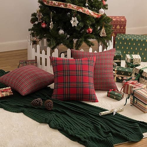 AQOTHES Pack of 2 Christmas Plaid Decorative Throw Pillow Covers Scottish Tartan Cushion Case for Farmhouse Home Holiday Decor Red and Green, 18 x 18 Inches thumbnail 5