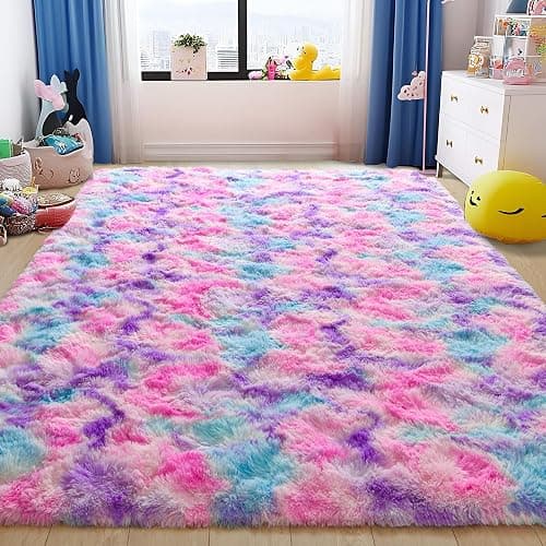 Tepook Soft Rainbow Rug for Girls Room, Cute Fluffy Girls Bedroom Rugs, 4x6 Feet Shaggy Princess Rug Colorful Carpet for Kids Teens Toddler Playroom Nursery Reading Nook, Hot Pink thumbnail 2