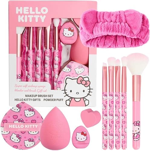 Get Trend Hello Kitty Sanrio Makeup Brush Sponge Set for Girls, Teens with Headband Powder Puffs Soft Brushes Beauty Sponges, Kawaii Gifts for Girls (Pink Hello Kitty) - Image 1