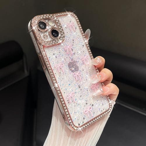 FABSPARK Case for iPhone 12 Pro Max,3D Pink Ribbon Bow,Crystal Clear Glitter Diamond Rhinestone Sequin Shiny Sparkly Bling,Aesthetic Transparent Soft for iPhone 12 Pro Max Case - Pink/Pink Bow thumbnail 8