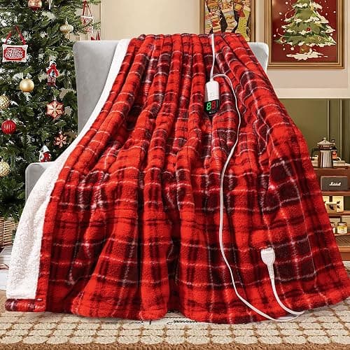 MAXEVE Heated Electric Blanket, 50"x60" Faux Fur Fast Heating Throw Blankets with 8 Heating Levels & 8 Hours Auto Off with Over-Heat Protection & ETL Certified, Plaid Red - Image 1