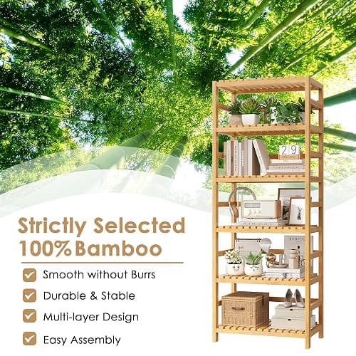 FOTOSOK 6-Tier Bamboo Shelf with Adjustable Shelves, Bamboo Kitchen Cabinet | Tall Bamboo Bookshelf and Plant Shelf with 250-lb Shelf Capacity for Laundry Bathroom Kitchen Pantry Home Office thumbnail 7