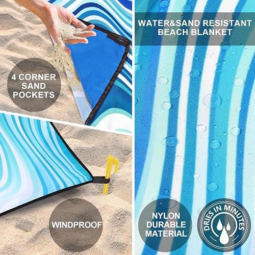 WIWIGO Beach Blanket Waterproof Sandproof Beach Mat 79" X 83"/10'x9'for 2-8 Adults Quick Drying Outdoor Picnic Mat Beach Accessories for Travel, Camping, Hiking thumbnail 3