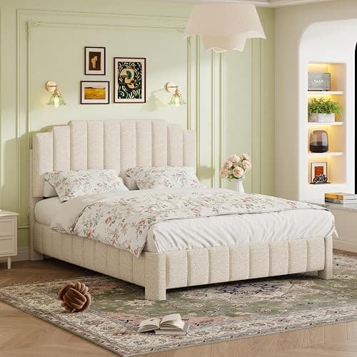 HDDDZSW Queen Bed Frame with Adjustable Headboard, Upholstered Platform Bedframe, Boucle Queen Size Bed Frame, Solid Wood Slats Support White Bed Frame for Bedroom, No Box Spring Needed - Image 1