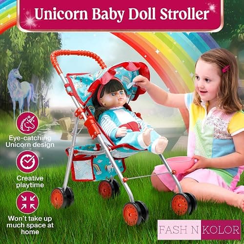 Fash n kolor® 4 Piece Doll Play Set, Doll Accessories Gift, Toy Set -Unicorn Design Includes, Doll Foldable Bed, Doll Stroller, Doll High Chair and Doll Seat, Dolls Gift Set (4 Piece Set) thumbnail 8