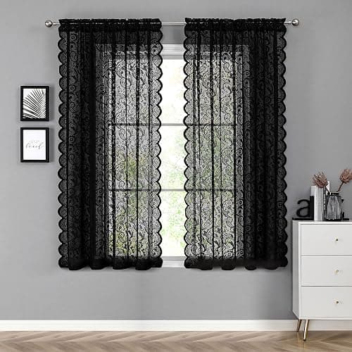 Bujasso Black Sheer Lace Curtains 54 inch Elegant Vintage Floral Short Curtain Panels for Kitchen Living Room Bedroom Light Filtering Black Drapes Window Treatment Sets Rod Pocket 2 Panels 54" Wx54 L thumbnail 5