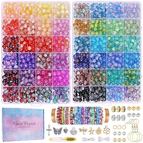 1800PCS 8mm Crackle Glass Beads Bracelet Making Kit, 48 Colors Glass Beads for Jewelry Making, Round Crystal Beads for Bracelets, Friendship Bracelet kit for DIY Crafts Gifts, 2 Box (Crackle Colors) - Image 1