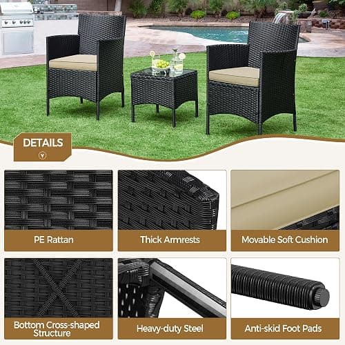 Yaheetech 3 Pieces Patio Conversation Set, Outdoor Rattan Bistro Furniture, 2 Chairs with Cushions & 1 Side Table for Bistro/Porch/Garden/Deck/Courtyard, Black/Khaki thumbnail 7