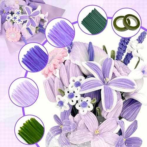 LINAYE 500 PCS Pipe Cleaners Craft, 6 Colors Pipe Cleaners Flowers Kit, Chenille Stems for Crafts with Instruction Wrapping Paper, Flower Stamens, Stems Art and Craft Supplies Purple thumbnail 4